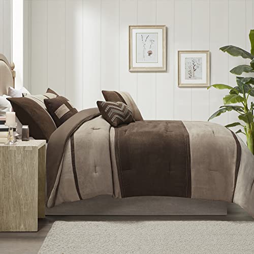 Madison Park Palisades Comforter Set Modern Faux Suede Pieced Stripe Design, All Season Down Alternative Cozy Bedding with Matching Shams, Decorative Pillows, King(104"x92"), Brown 7 Piece Madison Park