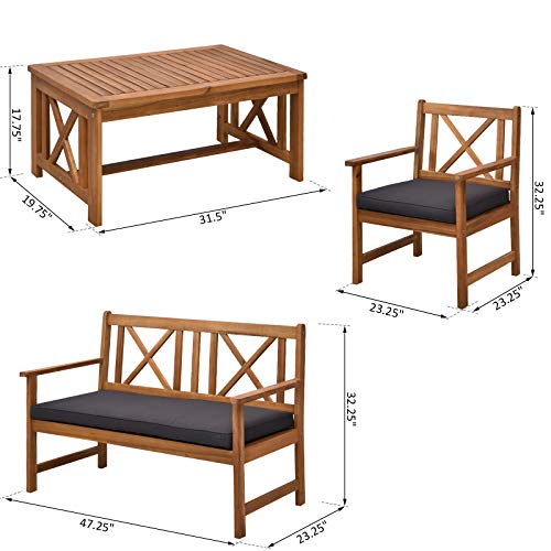 Outsunny 4 Piece Acacia Wood Outdoor Patio Furniture Set with 2 Armchairs, 1 Sofa, & 1 Coffee Table, Cushions Included Outsunny