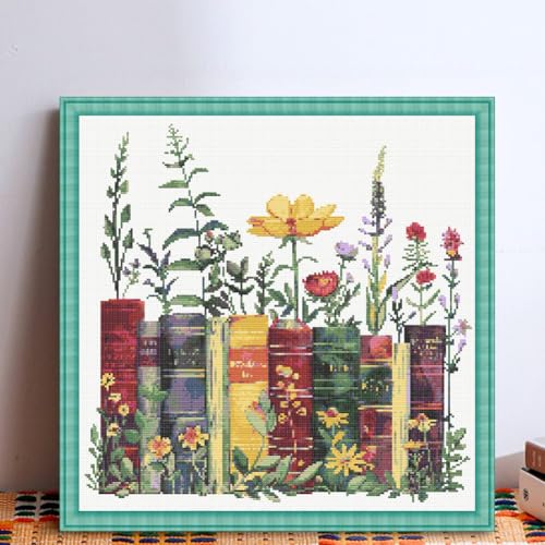 KYOQFVN Stamped Cross Stitch Kits - Flower Embroidery Starter Kit for Adult Beginners, 11CT Needlepoint Cross-Stitch Patterns Dimensions Kit Arts and Crafts 14×14inch