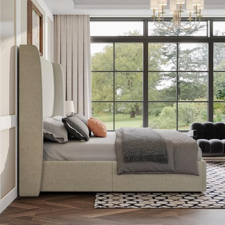 AMERLIFE Lift Up Storage Bed King Size Linen Upholstered Platform Bed Frame, Hydraulic Storage,Modern Wingback Headboard, No Box Spring Needed, Khaki AMERLIFE