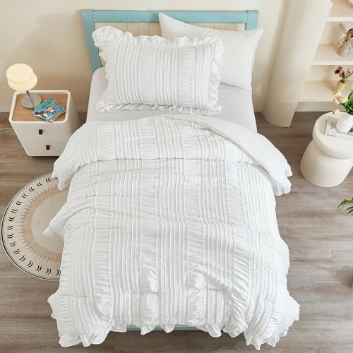 WONGS BEDDING White Comforter Set Twin, 3 Pieces Ruffle Shabby Chic Comforter for Dorm Room Essentials for Twin Bed, Soft Seersucker Bedding Set with 1 Ruffle Comforter, 2 Tufted Pillowcases 86"×68" WONGS BEDDING