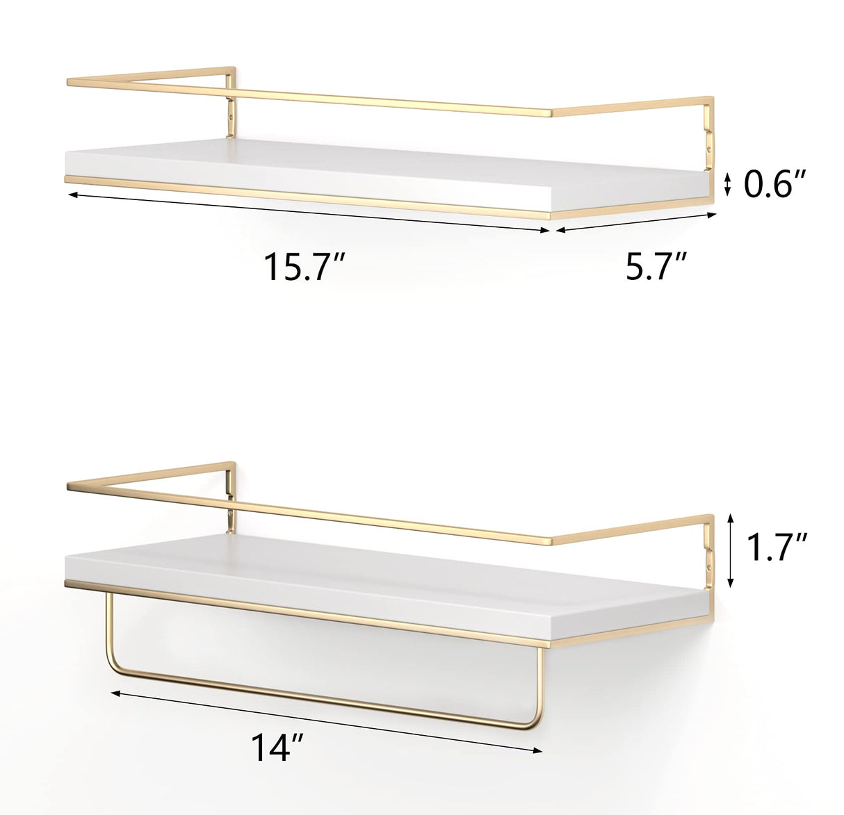 Shario White Floating Shelves - Set of 2, Wall Mounted Hanging Shelves with Golden Towel Rack, Decorative Storage Shelves for Bathroom, Kitchen, Living Room & Bedroom (White) Shario