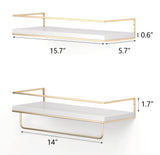 Shario White Floating Shelves - Set of 2, Wall Mounted Hanging Shelves with Golden Towel Rack, Decorative Storage Shelves for Bathroom, Kitchen, Living Room & Bedroom (White) Shario