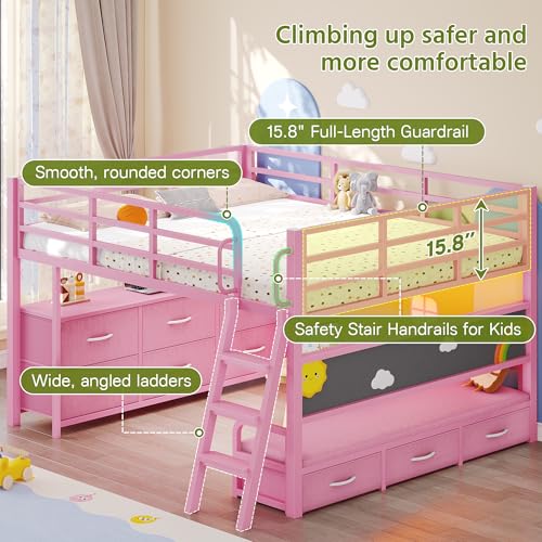Dnxao Low Loft Bed Full Size with Desk,Full Bed Frame with 9 Storage Drawers, Kids Loft Bed with 15.8" H Safety Guardrail,Sofa,LED Lights & Charging Station,Spave Saving,Pink Dnxao
