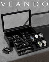 Vlando 6-Slot Watch Box Organize, Lockable Watch Case with Textured Leather, 2 Layer Watch Holder for Rings, Bracelets, Glasses, Glass Lid, Removable Divider, Gift for Fathers, Husband, Friend, Black Vlando