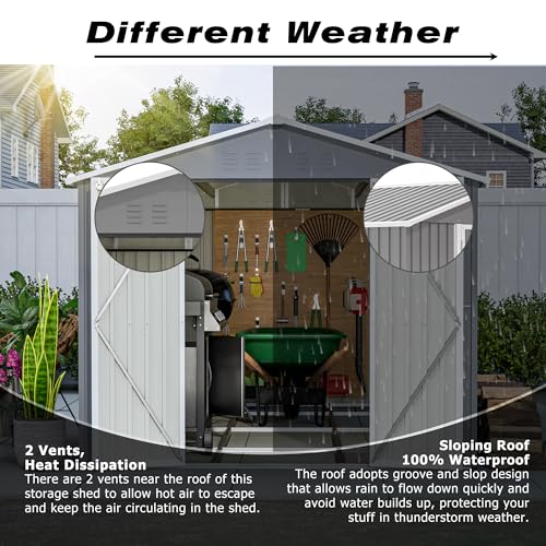 Ball & Cast 8x12 FT Storage Shed with 2 Lockable Doors,All Weather Outdoor Metal Tool House W/Floor Frame and 2 Vents,for Backyard,Patio,Lawn,Garden,Grey