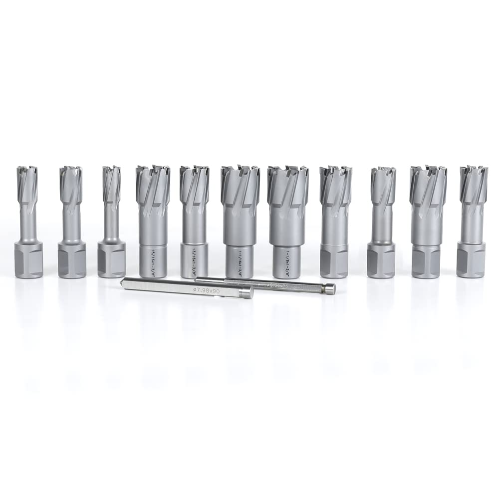 OSCARBIDE Carbide TCT Annular Cutter Set 13 pcs,3/4"Weldon Shank,1-3/8"Cutting Depth and 1/2 to 1-1/8 inch Cutting Diameter,TCT Mag Drill Bits for Magnetic Drill Press with Pilot Pins OSCARBIDE