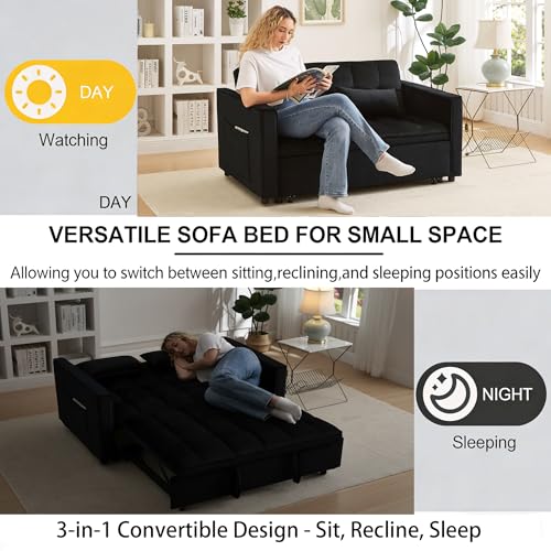 SUNPOKUILN 70" 3-in-1 Velvet Sleeper Sofa Bed, Convertible Pull Out Couch w/Adjustable Back, Armrests & Storage. Modern Black Futon for Living Room, Bedroom, Small Space - 2 Pillows Included Black SUNPOKUILN