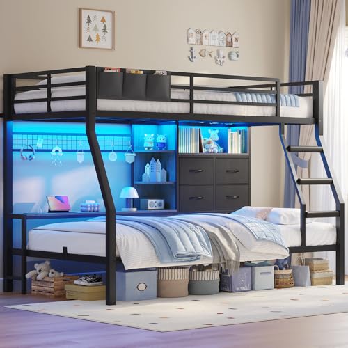 BTHFST Bunk Bed Twin Over Twin with 4 Storage Drawers & Shelves & Bedside Caddy, Twin Bunk Beds with Charging Station & LED Lights, Metal Loft Bed with Safety Guardrail & Angled Ladder, Black & Grey BTHFST