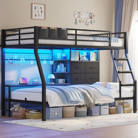 BTHFST Bunk Bed Twin Over Twin with 4 Storage Drawers & Shelves & Bedside Caddy, Twin Bunk Beds with Charging Station & LED Lights, Metal Loft Bed with Safety Guardrail & Angled Ladder, Black & Grey BTHFST