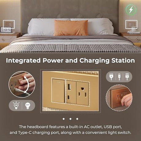 Olodumare Luxury Modern Bed Frame with Velvet Headboard, 2 LED Lights & Floating Nightstands, King, Coffee | Sturdy Wood & Metal Platform Bed, No Box Spring Needed Olodumare