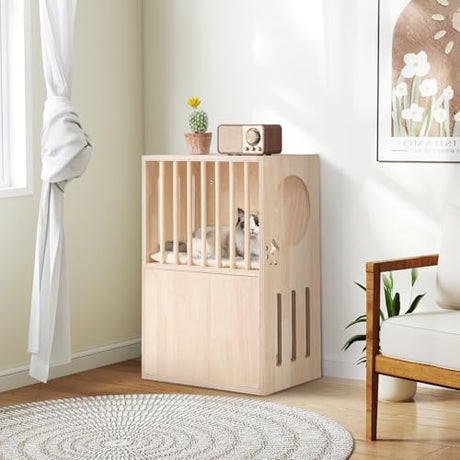Tangkula 2-Tier Luxury Wood Cat House, Wooden Kitten Cage Condo with 2 Washable Plush Cushions, 2 Access Holes, Indoor Pet Playpen Cat Catio End Side Table Nightstand, Ventilated Cat Bed Furniture Tangkula