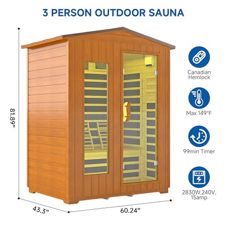 RESTISLAND Outdoor Sauna 3 Person, Far Infrared Sauna for Home Low EMF, Wooden Spa Dry Saunas Room with Infrared Lighting and Bluetooth Speakers, 7 Colors Chromotherapy for Outdoor, Indoor and Gym RESTISLAND