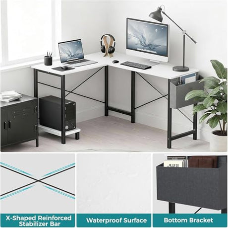 Alpen L Shaped Gaming Desk, Small Computer Desk, 50 Inch Wide Corner Desk, Work from Home Desk, Study Table for Bedrooms, PC Writing Table with Storage and Reversible Shelf, White Alpen