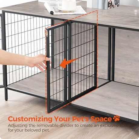 MAHANCRIS Dog Crate Furniture for 2 Dogs, 43.3" Dog Kennel with Removable Divider, Heavy Sturdy Dog Furniture Style Double Cage for Small Medium Dog, Indoor Pet House End Table, Greige DCHG1201 MAHANCRIS