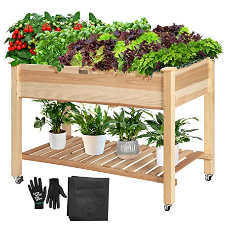 VIVOSUN Elevated Wooden Raised Garden Bed, 46 x 24 x 32 Inches, Mobile Outdoor Planter Box with Storage Shelf and Protective Liner for Outdoor Use, with Lockable Wheels VIVOSUN