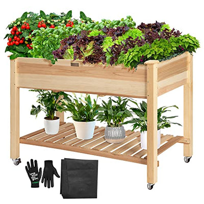 VIVOSUN Elevated Wooden Raised Garden Bed, 46 x 24 x 32 Inches, Mobile Outdoor Planter Box with Storage Shelf and Protective Liner for Outdoor Use, with Lockable Wheels