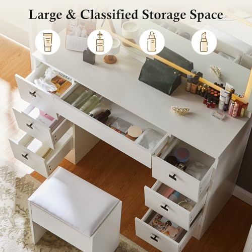 TUKAILAi 46" Vanity Desk with Large HD Mirror, LED Lights & Power Outlet, Touch Control 3 Color Lighting Modes Adjustable, Modern Hollywood Makeup Vanity Set with 7 Drawers & PU Cushioned Stool TUKAILAi