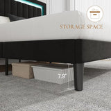 SHA CERLIN King Size Velvet Bed Frame with LED Light, Adjustable Vertical Channel Tufted Headboard, Strong Wooden Slats Support, Noise-Free, No Box Spring Needed, Black SHA CERLIN