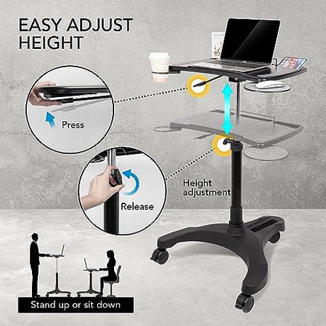 EHO Mobile Laptop Standing Desk Carts on Wheels with Stationery Storage, Pneumatic, Height Adjustable Rolling Stand, Sit to Stand Computer Cart, Workstation for Home, Office, Medical and School EHO