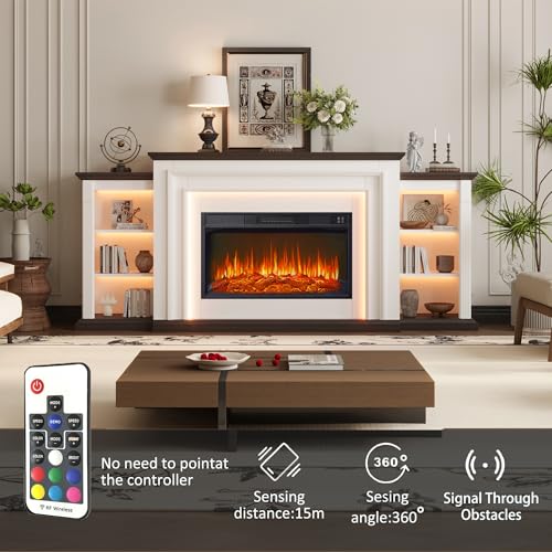 80" LED Electric Fireplace with Mantel, Fireplace TV Stand for 90 Inch TV, Modern Entertainment Center with Storage, Delicate Three-Dimensional Molding with Remote Control for Living Room BOSHIRO