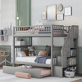 Harper & Bright Designs Bunk Beds Twin Over Twin Size, Solid Wood Bunk Beds with Trundle and Stairs for Kids,Toddler,Teens,Adults (Grey, Bunk Bed with Trundle) Harper & Bright Designs