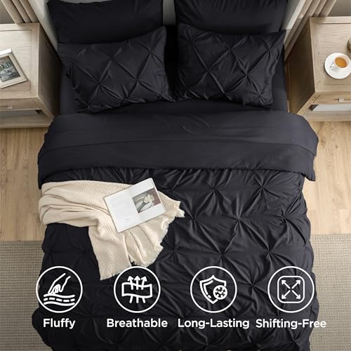 Bedsure Oversized King Comforter Set Black - Bed in a Bag Bedding Set 7 Pieces, GentleSoft™ Pintuck Bed Set Gift for Family, Pinch Pleat Black Comforter with Sheets, Pillowcases & Shams Bedsure