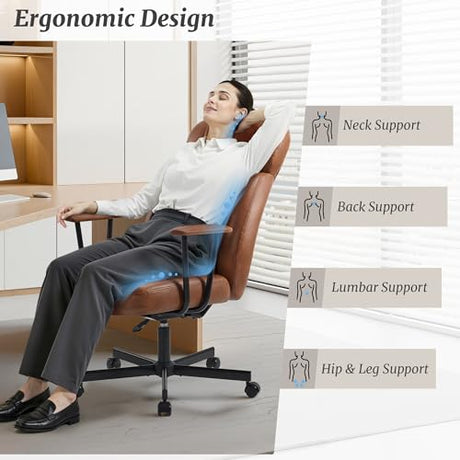 Cozyman High Back Office Desk Chair, Breathable Ergonomic Leather Chair with 5-Layer Seat Cushion with 135°Reclining Lumbar Support Adjustable Height Rolling Swivel Executive Armrests Chair, Brown Cozyman