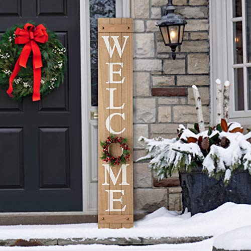 Glitzhome Welcome Sign with 4 Interchangeable Floral Wreaths for Front Door Porch, Farmhouse Wooden Hanging Wall Sign for Seasons Spring Fall Harvest Thanksgiving Christmas, 60”H, Natural Glitzhome