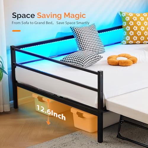 VINGLI Metal Twin Daybed with Pop Up Trundle Bed, Day Bed Frame with Charging Station and LED Lights for Living Room Guest Room or Bedroom, Black Daybed with Steel Slats for Adults, Teens and Kids VINGLI