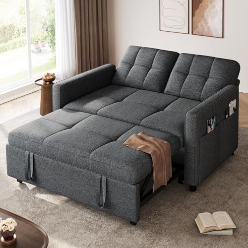 YITAHOME 55" Convertible Sofa Bed, 3-in-1 Sleeper Sofa with Iron Frame Pull-Out Bed, Linen Futon Couch with Reclining Backrest and Side Pocket, Modern Loveseat for Living Room Bedroom Apartment, Grey YITAHOME