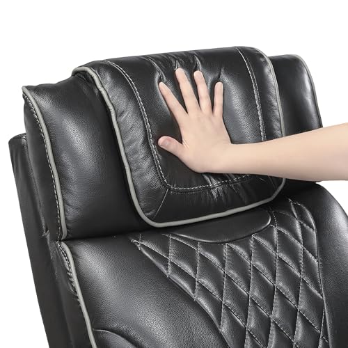 Lexicon Power Double Reclining Sofa, Center Drop-Down Table with Heat/Massage/Headrest/Storage Arms/Cup Holders/LED Lights/Wireless Charging, Top Grain Leather Match Wall Hugger Recliner Sofa, Black
