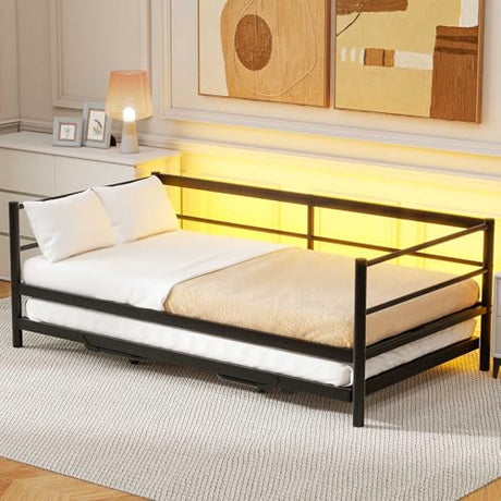 Nahenduo Twin Size Daybed with Pop up Trundle & Adjustable LED Lights, Futon Frame Bed, Metal Sofa Bed Frame for Living Room Bedroom Guest Room, Small Space, No Box Spring Needed (Black + LED) Nahenduo