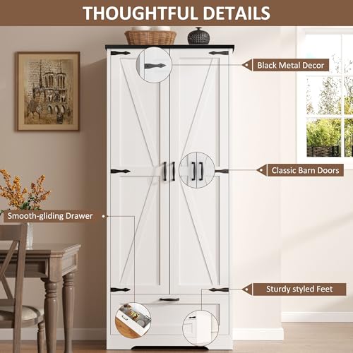 Vongrasig Kitchen Pantry Storage Cabinet with Barn Doors, Drawer and Adjustable Shelves, 4-Tier Tall Rustic Wood Cupboard Locker for Kitchen, Dining Room, Living Room, Bathroom, (White) Vongrasig