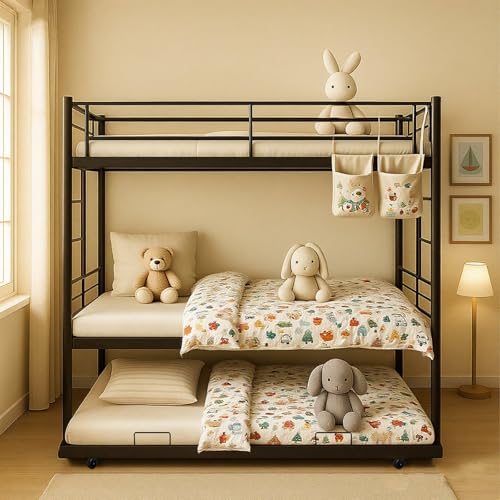 ArisingAsia Twin Over Twin Triple Bunk Beds with Trundle, Metal Bunkbeds with Ladder and Full-Length Guardrail, Noise Free, No Box Spring Needed ArisingAsia