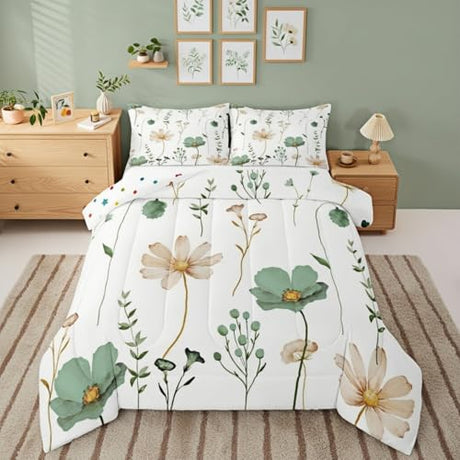 Erosebridal Watercolor Floral Comforter Set Twin, Sage Green Beige Flower Bedding Set for Girls Teens Adult Women Bedroom, Modern Minimalist White Down Comforter Pastoral Branches Aesthetic Quilt Erosebridal