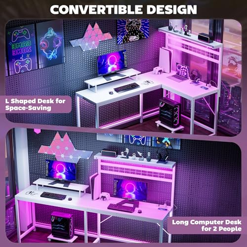 HOMCOM Gaming Desk, 62" L Shaped Desk with Power Outlets & LED Lights, 86" 2 Person Computer Table with Shelf & Rolling CPU Stand, Reversible Corner Office Table with Hutch, White HOMCOM