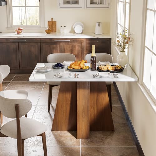 LITTLE TREE 47-Inch Kitchen Dining Table for 4-6,White Rectangular Dining Table with Walnut Wood Base, Modern Wooden Eating Table for Kitchen, Dining Room, Small Space, Home Office LITTLE TREE