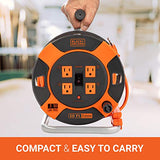 BLACK+DECKER 50 Ft. Retractable Extension Cord Reel With 4 Outlets, Multi-Plug Extension, Easy Handle Rewind & Heavy-Duty 14AWG SJTW Cable Black + Decker