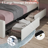 LoVinson Twin Size Bed Frame with 4 Storage Drawers, Charging Station and LED Light, Adjustable Upholstered Headboard, Noise-Free, No Box Spring Needed, Easy Assembly, White LoVinson