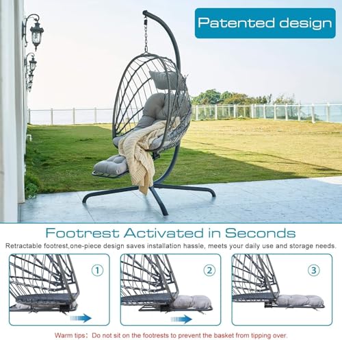 Hanging Egg Chair with Leg Rest and Stand – Rattan Wicker Swing Hammock Chair, UV-Resistant Cushion, Heavy-Duty Frame for Indoor & Outdoor Patio, Bedroom, Balcony, Garden – 330 lbs Capacity(Grey) Outlux