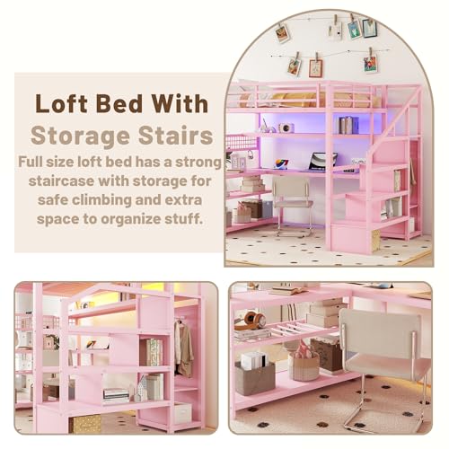 OYUMOENTS Full Size Loft Bed with Desk and Stairs, Metal Loft Bed with LED Light & Charge Station, Heavy-Duty Beds with Wardrobe & Storage Shelves, No Spring Box Required, No squeaks, Pink OYUMOENTS