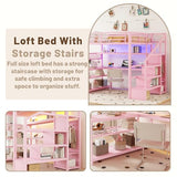 OYUMOENTS Full Size Loft Bed with Desk and Stairs, Metal Loft Bed with LED Light & Charge Station, Heavy-Duty Beds with Wardrobe & Storage Shelves, No Spring Box Required, No squeaks, Pink OYUMOENTS