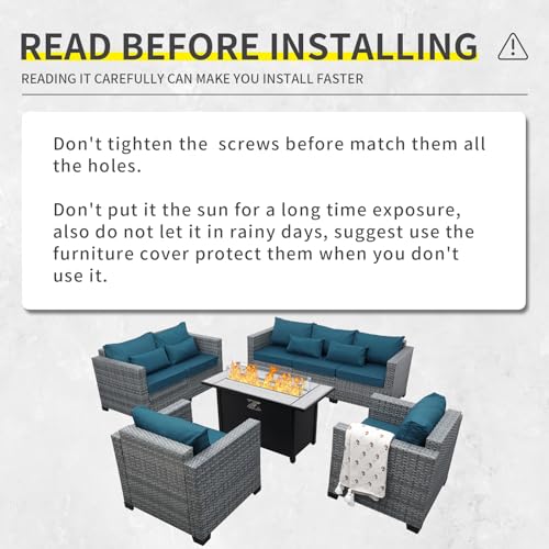 Lviden 5 Piece Wicker Patio Furniture Sets Outdoor Conversation Set, PE Rattan Sectional Sofa Couch with 45" Fire Pit Table and Non-slip Peacock Blue Cushions, Furniture Covers included Lviden