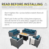 Lviden 5 Piece Wicker Patio Furniture Sets Outdoor Conversation Set, PE Rattan Sectional Sofa Couch with 45" Fire Pit Table and Non-slip Peacock Blue Cushions, Furniture Covers included Lviden