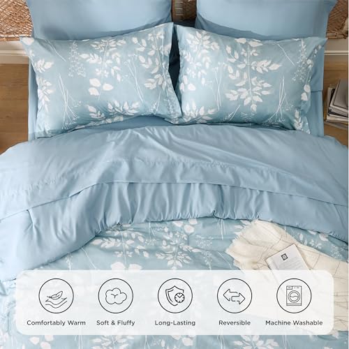 Bedsure Sky Blue Queen Comforter Set - 7 Pieces Floral Bedding Sets, Queen Bed in a Bag with Reversible Botanical Flowers Comforter, Sheets, Pillowcases & Shams Bedsure