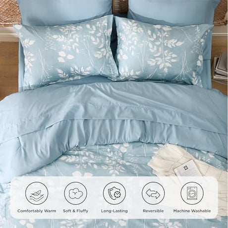 Bedsure Sky Blue Queen Comforter Set - 7 Pieces Floral Bedding Sets, Queen Bed in a Bag with Reversible Botanical Flowers Comforter, Sheets, Pillowcases & Shams Bedsure