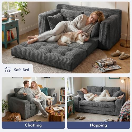 Homkdom Convertible Folding Sofa Bed, 2 in 1 Pull Out Loveseat Sleeper Sofa, Corduroy Futon Couch with Pillows, Tri-Fold Couch for Small Space Living Room Lounge, Space-Saving, Portable, Grey Homkdom
