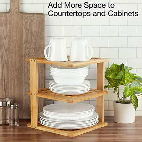 BERYLAND Bamboo Corner Shelf - 3 Tier 10 x 10 inch and 11.5 inches high. Kitchen Cabinet Organizer - Pantry Organization and Storage - Bathroom Countertop Shelves BERYLAND