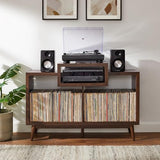 Crosley Furniture Nashville Mid Century Modern Console Record Player Stand, Stores Up to 220 Vinyl Records, Medium, Brown Crosley Furniture
